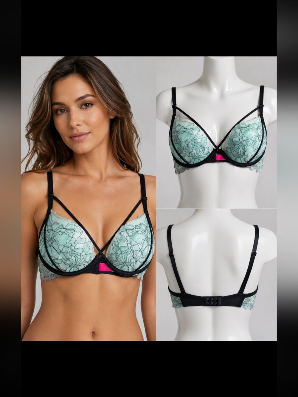 Size 32C Elegant Lace Trimmed Bra in Mint and Black